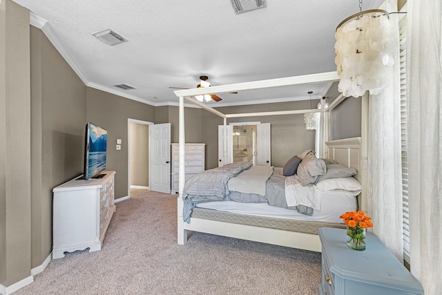 carpeted bedroom with ornamental molding, visible vents, and baseboards