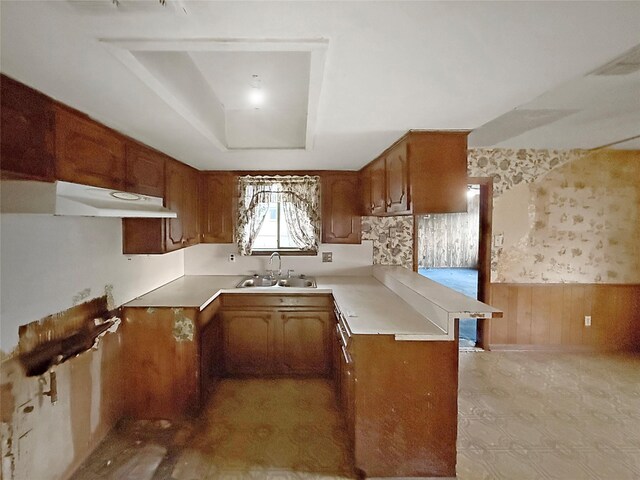 8611 Sunmoore Ct, Houston, TX 77088 - kitchen featuring a wainscoted wall, a peninsula, a tray ceiling, under cabinet range hood, and a sink
