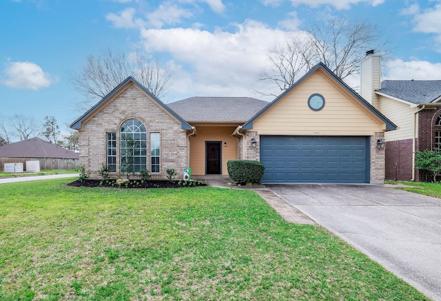 single story home with a garage, brick siding, a shingled roof, concrete driveway, and a front yard