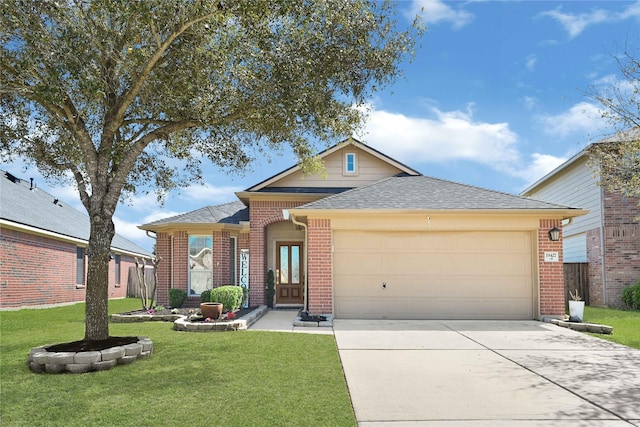 ranch-style home featuring brick siding, a shingled roof, a front lawn, concrete driveway, and an attached garage