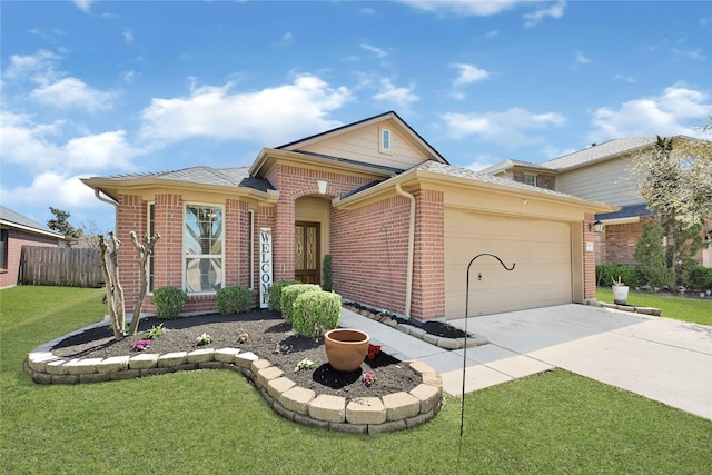 single story home featuring fence, concrete driveway, a front yard, an attached garage, and brick siding