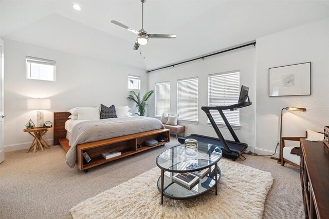 bedroom with recessed lighting, carpet flooring, baseboards, ceiling fan, and vaulted ceiling