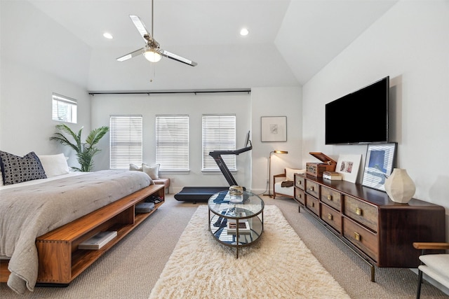 bedroom featuring a ceiling fan, lofted ceiling, recessed lighting, and carpet