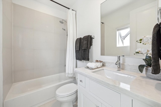 bathroom featuring vanity, toilet, and shower / tub combo with curtain