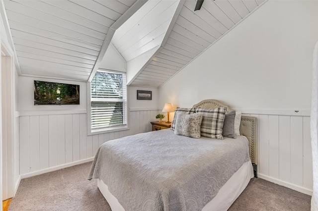 206 County Road 142, Burnet, TX 78611 - bedroom featuring carpet floors, wood ceiling, lofted ceiling, and wainscoting