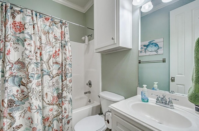 full bath with toilet, ornamental molding, shower / tub combo with curtain, and vanity