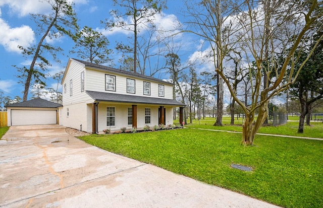 view of front of property with a detached garage, roof with shingles, an outbuilding, a front yard, and brick siding