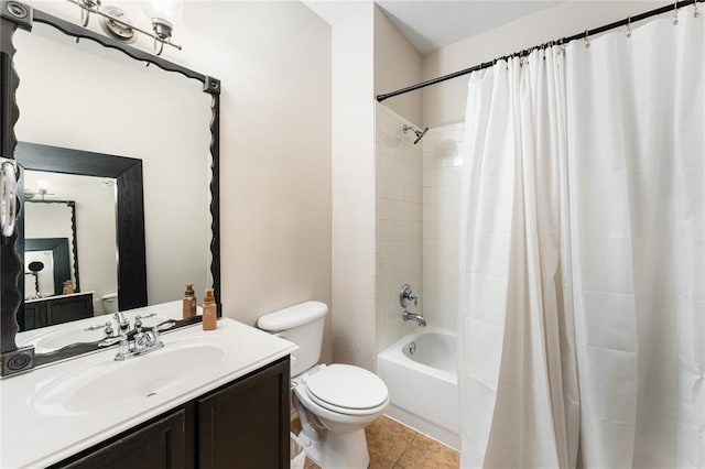 full bathroom featuring toilet, shower / bathtub combination with curtain, tile patterned flooring, and vanity