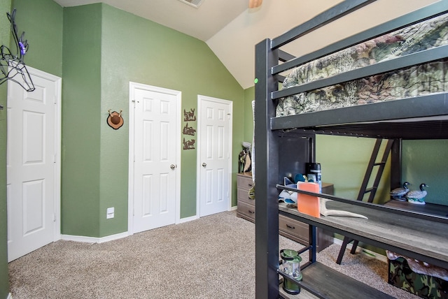 interior space featuring lofted ceiling, multiple closets, and baseboards