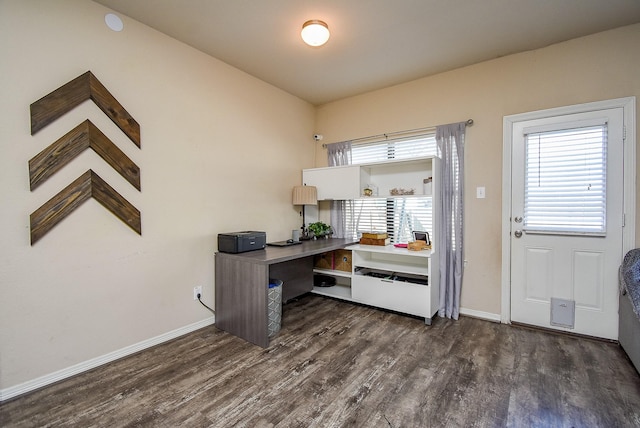 office area with baseboards and wood finished floors