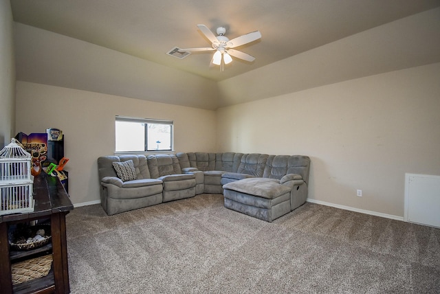 carpeted living room with vaulted ceiling, ceiling fan, visible vents, and baseboards