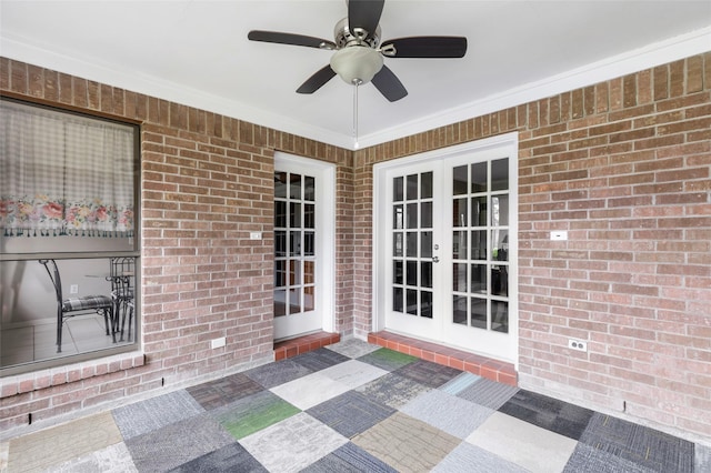 exterior space with french doors and ceiling fan