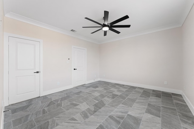 empty room with visible vents, baseboards, crown molding, and ceiling fan