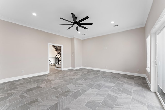 empty room featuring visible vents, crown molding, baseboards, stairway, and recessed lighting