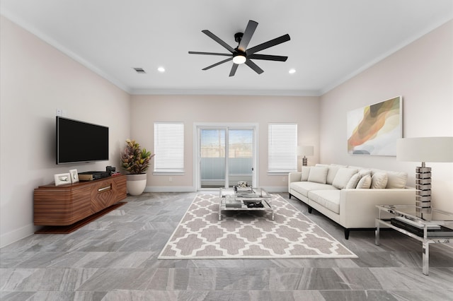 living area with visible vents, baseboards, recessed lighting, ceiling fan, and crown molding