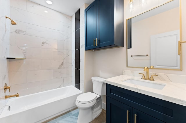 full bathroom with vanity, shower / tub combination, toilet, and recessed lighting