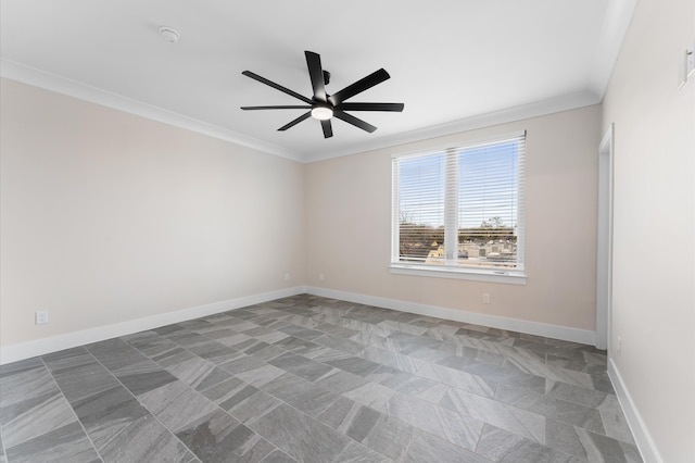 empty room featuring baseboards, ceiling fan, and crown molding