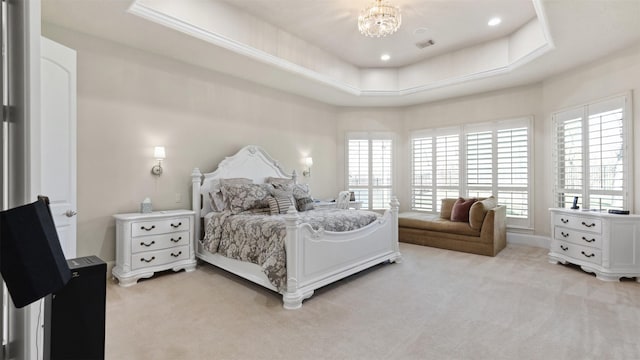 44 Tall Trl, Missouri City, TX 77459 - bedroom with a chandelier, visible vents, light colored carpet, and multiple windows