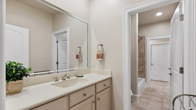 44 Tall Trl, Missouri City, TX 77459 - full bath featuring shower / washtub combination, vanity, tile patterned flooring, and recessed lighting