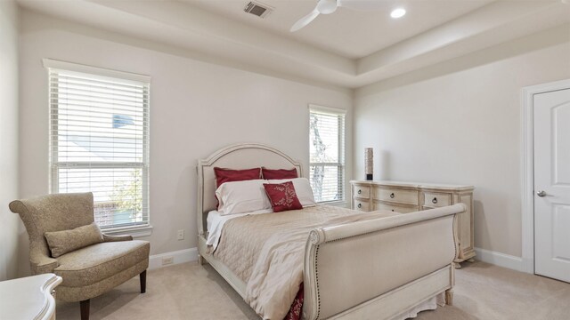 44 Tall Trl, Missouri City, TX 77459 - bedroom featuring baseboards, visible vents, recessed lighting, light colored carpet, and ceiling fan