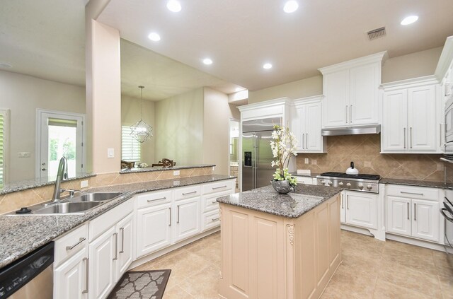44 Tall Trl, Missouri City, TX 77459 - kitchen with under cabinet range hood, visible vents, a sink, tasteful backsplash, and appliances with stainless steel finishes