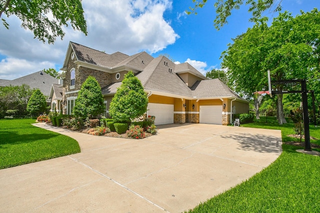 44 Tall Trl, Missouri City, TX 77459 - view of side of property with stone siding, concrete driveway, a garage, a lawn, and stucco siding