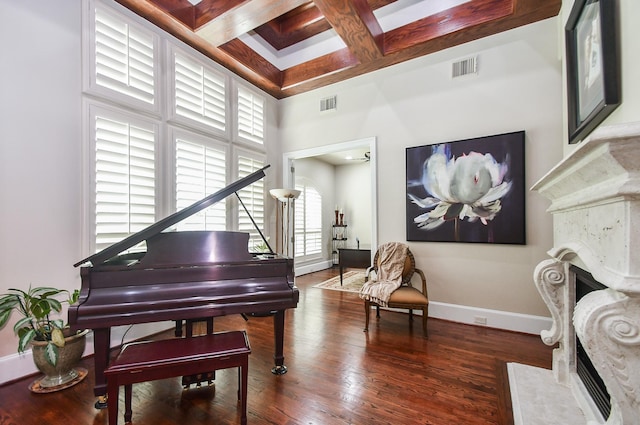 44 Tall Trl, Missouri City, TX 77459 - sitting room with stairs, a high end fireplace, baseboards, coffered ceiling, and visible vents
