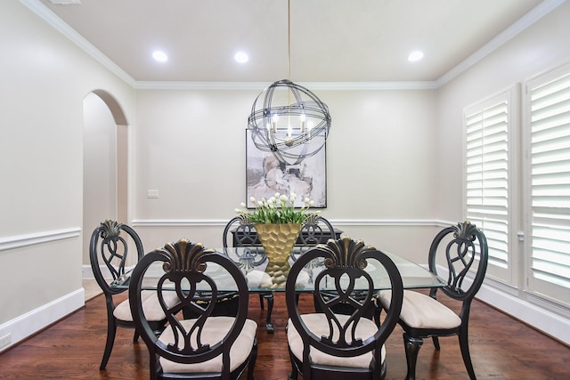 44 Tall Trl, Missouri City, TX 77459 - dining area with arched walkways, dark wood-style flooring, crown molding, and recessed lighting