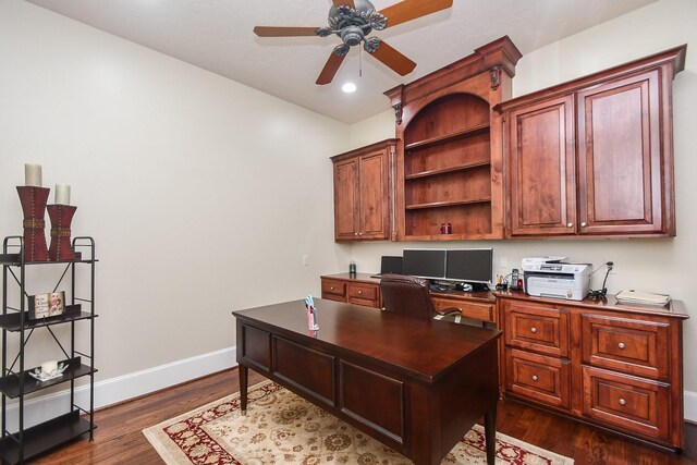 44 Tall Trl, Missouri City, TX 77459 - office area with a ceiling fan, baseboards, recessed lighting, and dark wood-style floors