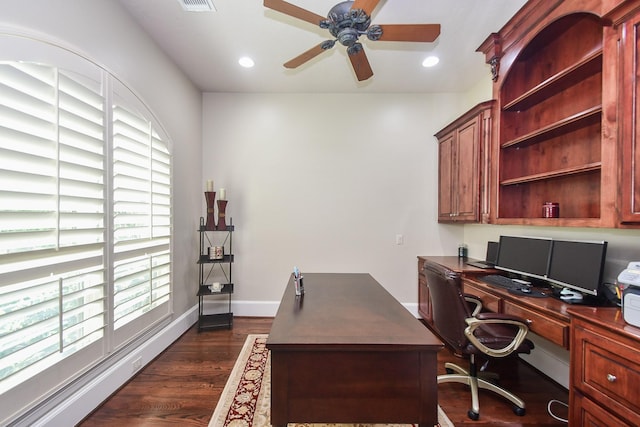 44 Tall Trl, Missouri City, TX 77459 - office featuring dark wood finished floors, recessed lighting, a ceiling fan, and plenty of natural light