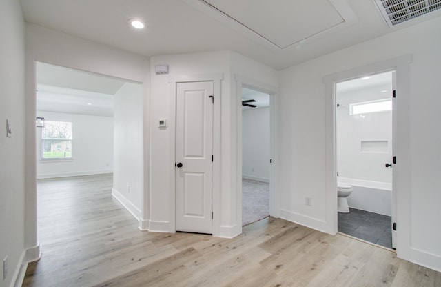 hall with light wood-style flooring, visible vents, baseboards, and recessed lighting