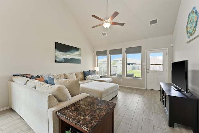 living area with high vaulted ceiling, a ceiling fan, visible vents, and wood tiled floor