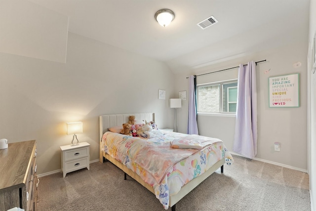 bedroom with lofted ceiling, baseboards, visible vents, and light colored carpet