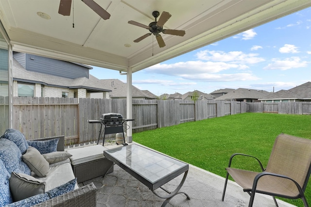 view of patio featuring ceiling fan, a fenced backyard, an outdoor hangout area, area for grilling, and a residential view