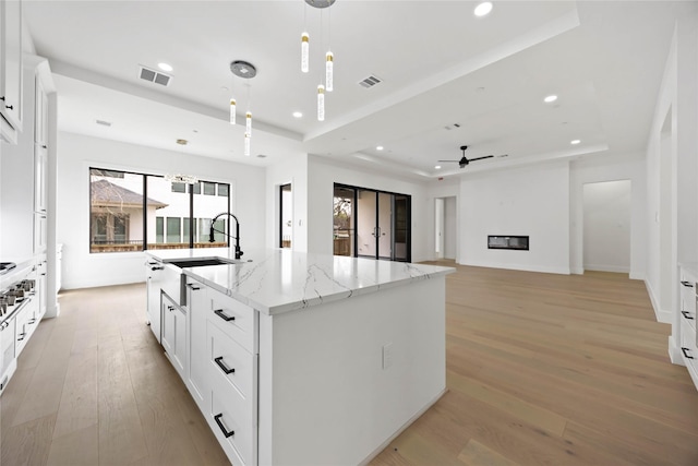 kitchen featuring light wood finished floors, visible vents, a glass covered fireplace, a tray ceiling, and a sink