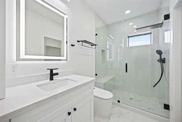 full bathroom with toilet, recessed lighting, vanity, marble finish floor, and a marble finish shower