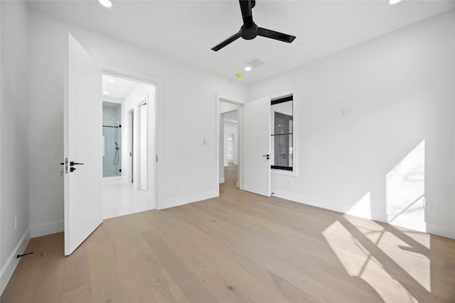 unfurnished bedroom with ceiling fan, recessed lighting, visible vents, baseboards, and light wood-type flooring