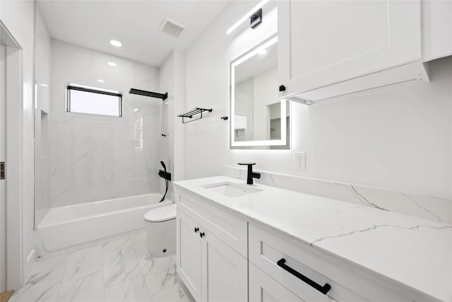 bathroom with shower / bath combination, visible vents, toilet, marble finish floor, and vanity