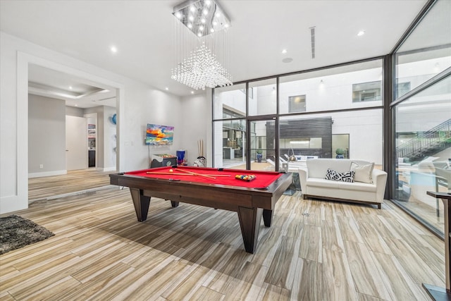 rec room with expansive windows, pool table, baseboards, and recessed lighting