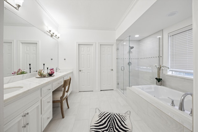 full bath featuring double vanity, a garden tub, a stall shower, and crown molding