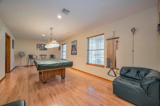 playroom with visible vents, baseboards, light wood-style flooring, and billiards