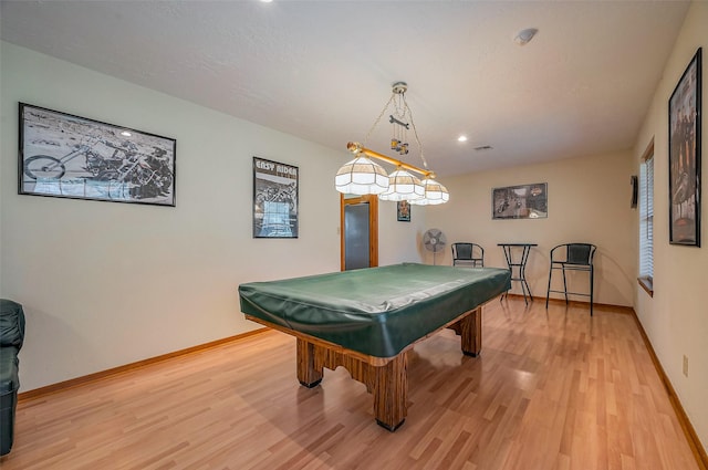 game room with pool table, recessed lighting, baseboards, and light wood finished floors