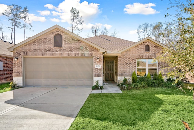 ranch-style home featuring a front lawn, brick siding, an attached garage, and roof with shingles