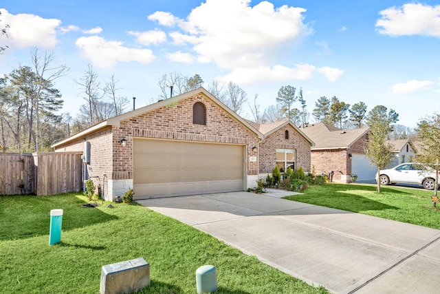 view of front of property featuring brick siding, concrete driveway, fence, a garage, and a front lawn