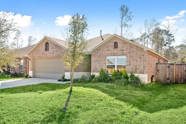 single story home featuring brick siding, roof with shingles, concrete driveway, a front yard, and a garage