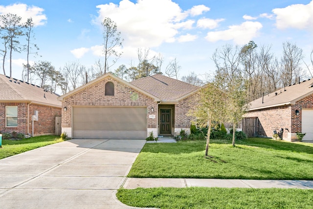 single story home with an attached garage, brick siding, a shingled roof, driveway, and a front yard