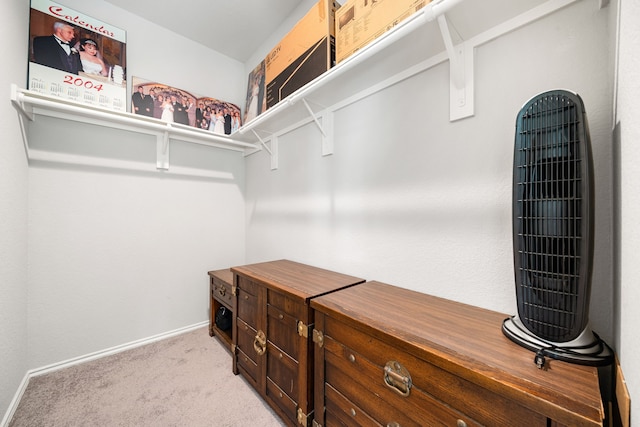 walk in closet featuring light carpet