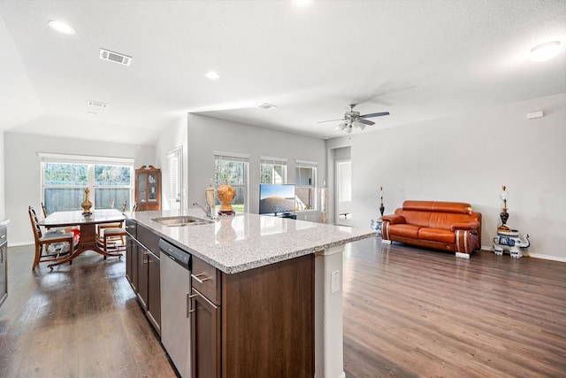 kitchen with a sink, visible vents, dark wood-style flooring, and stainless steel dishwasher