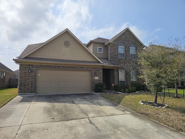 view of front of home with a front yard, brick siding, concrete driveway, and an attached garage