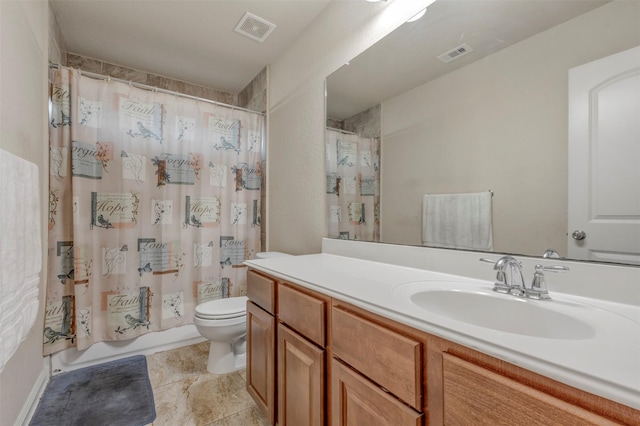 bathroom featuring shower / tub combo, toilet, vanity, and visible vents